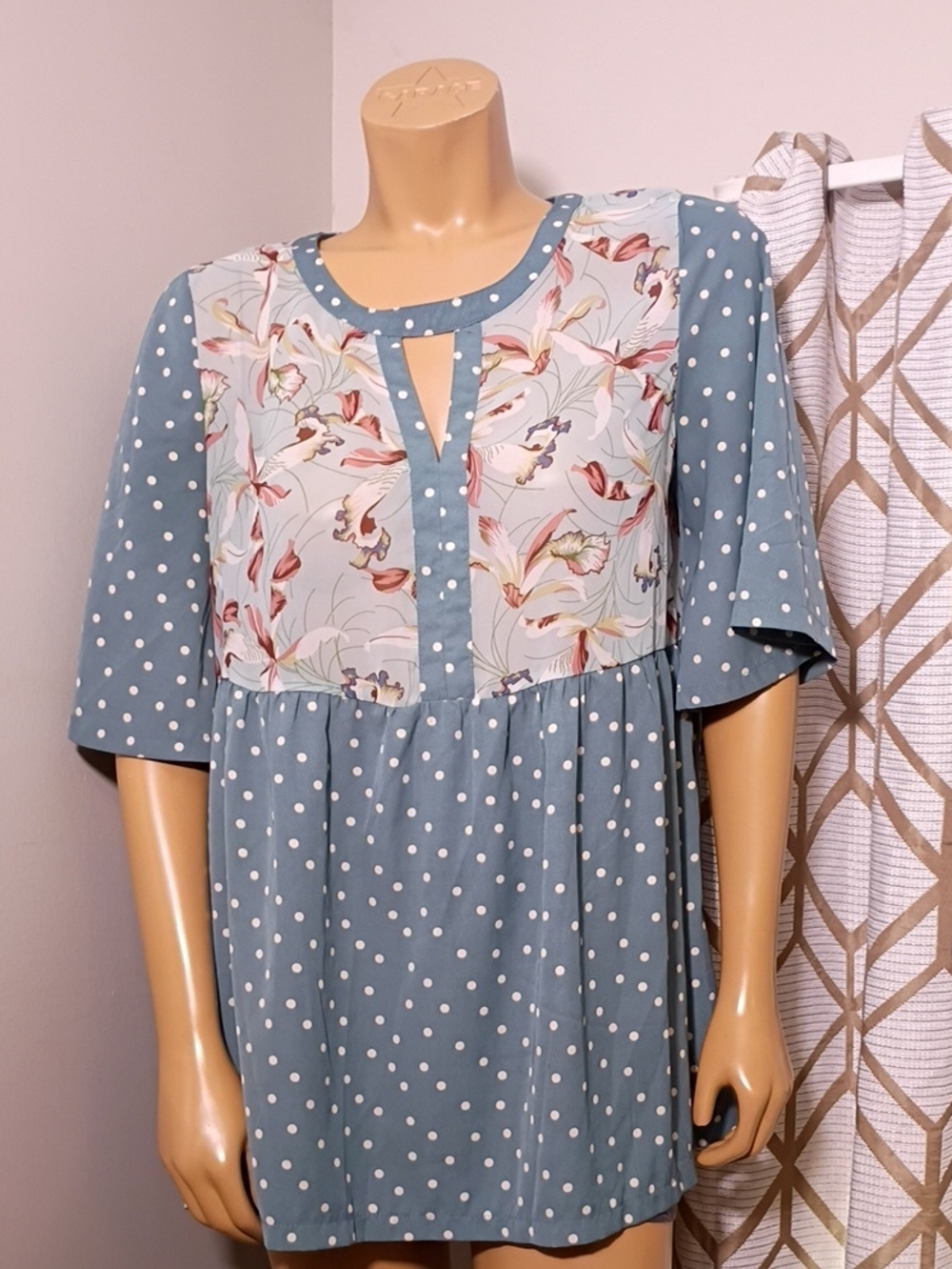 Suzanne Betro Blue Polka Dot & Floral Peplum Top